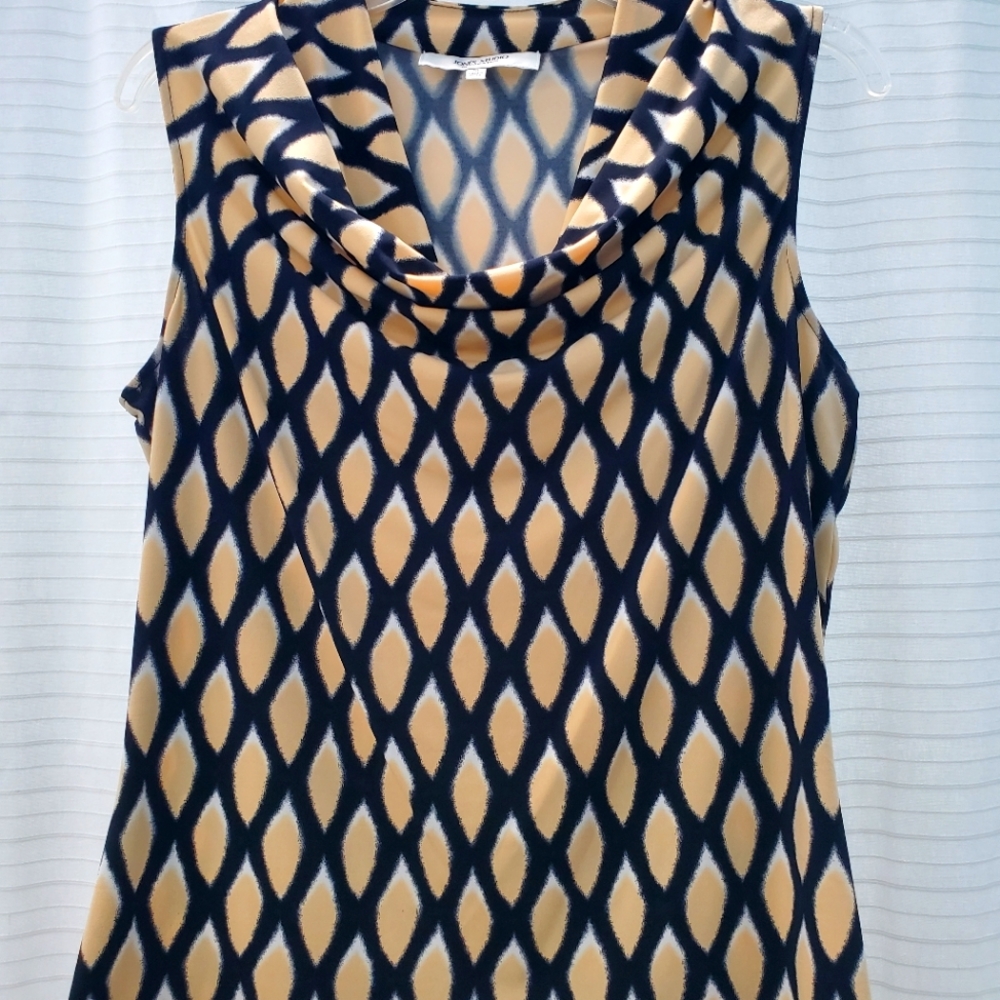 Jones Studio: med sleeveless blouse; gold, black, white